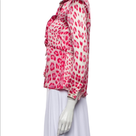 Roberto Cavalli Silk Pink Leopard Ruffle Front Print Blouse! EUC! Size XS - Picture 2 of 6